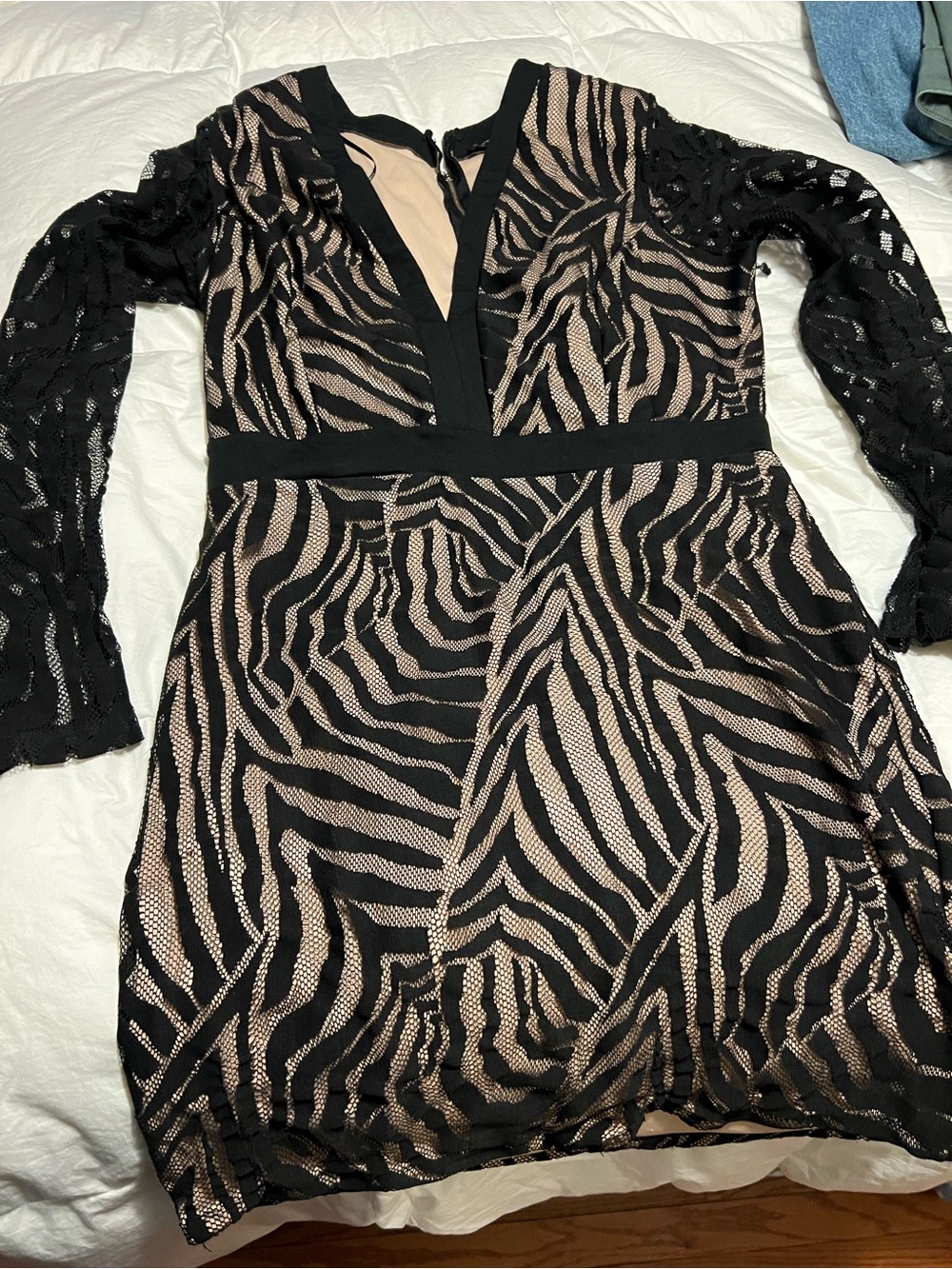 Black and Nude Zebra Lace V-Neck Dress